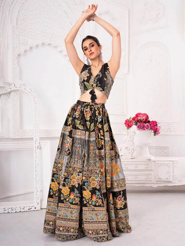 Black silk lehenga choli with ready made blouse
