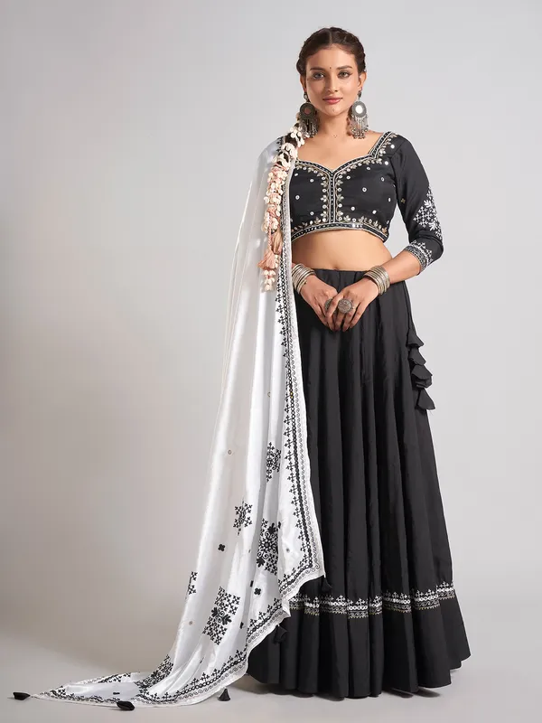Black silk mirror work chaniya choli for navratri