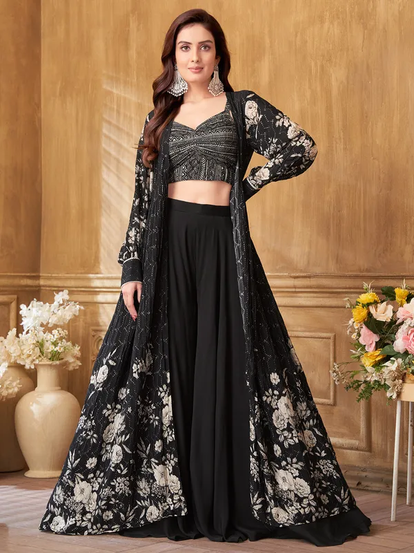 black silk palazzo suit with shrug