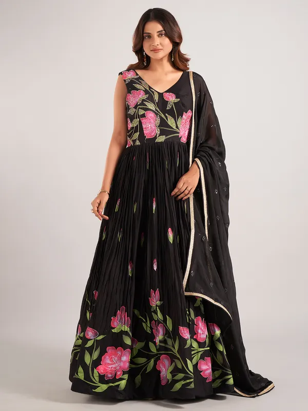 Black silk printed anarkali suit with dupatta