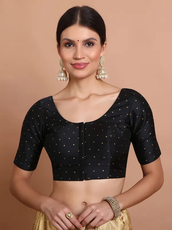 Black silk round neck blouse with zari design