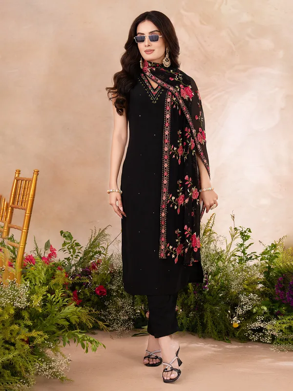 Black silk salwar suit with emroidered dupatta