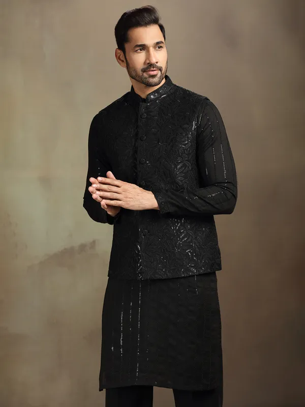 Black silk sequin waistcoat set for men