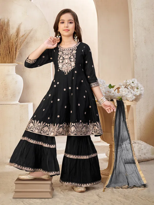 Black silk sharara suit with embroidery and sequins
