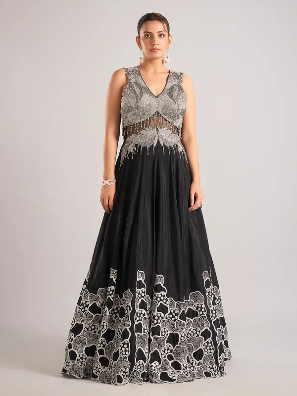 Black silk sleeveless designer party wear suit