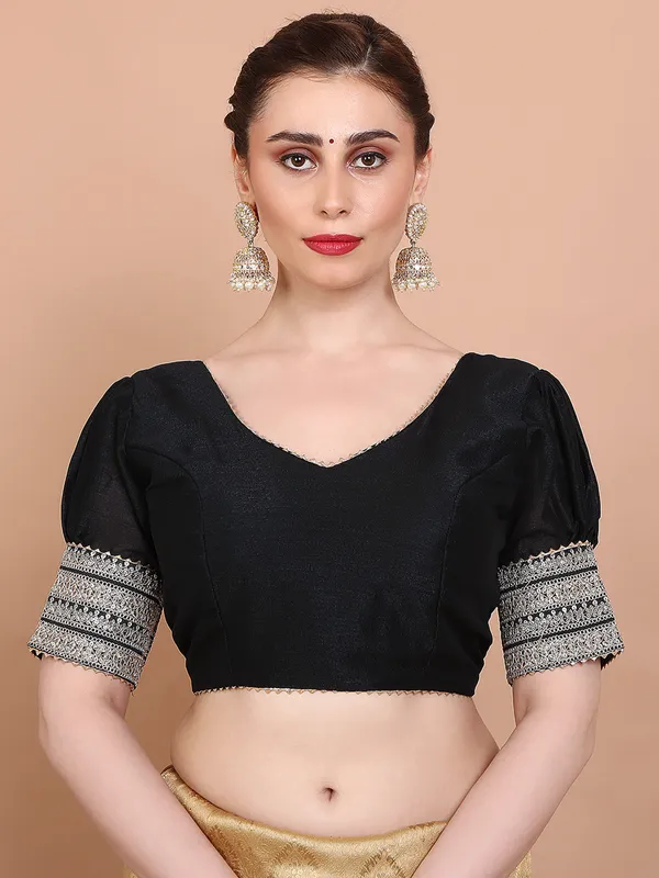 Black silk V neck ready made blouse with sequins weaving