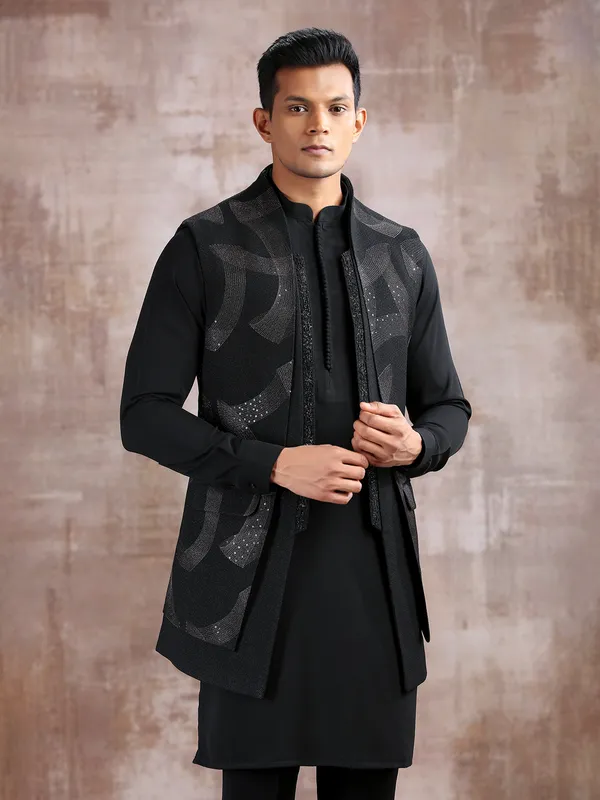 Black silk waistcoat set with resham work