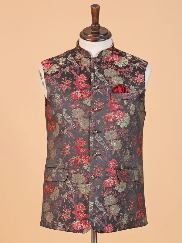 Black silk waistcoat with multicolor embroidery