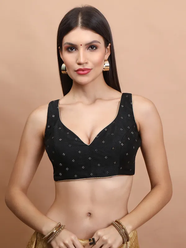 Black silk zari weaving sweetheart neck blouse