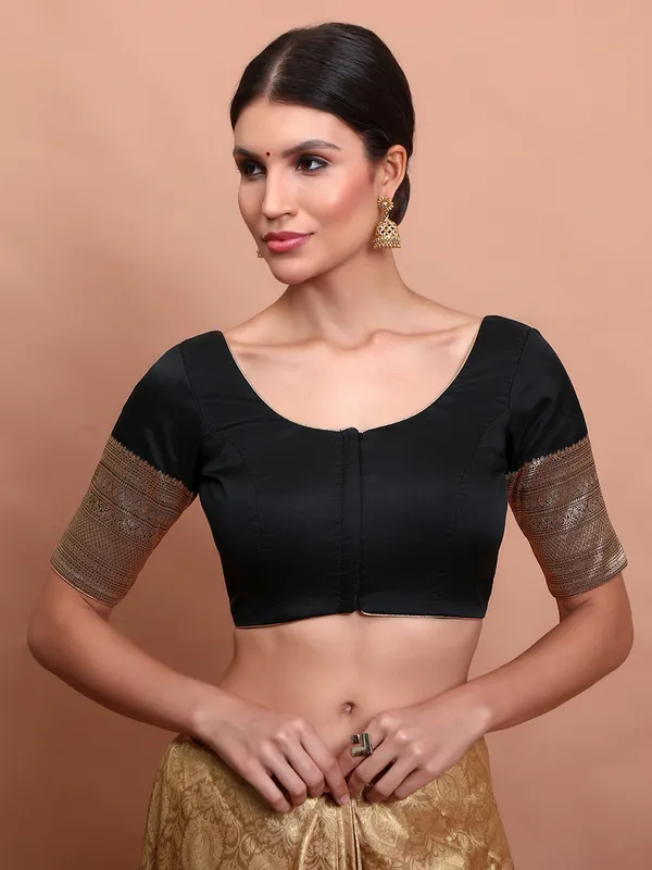Black silk zari woven round neck ready made blouse
