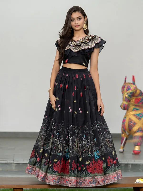 Black soft silk printed lehenga choli