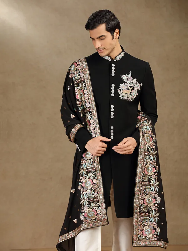 Black terry rayon indo western with dupatta for mens