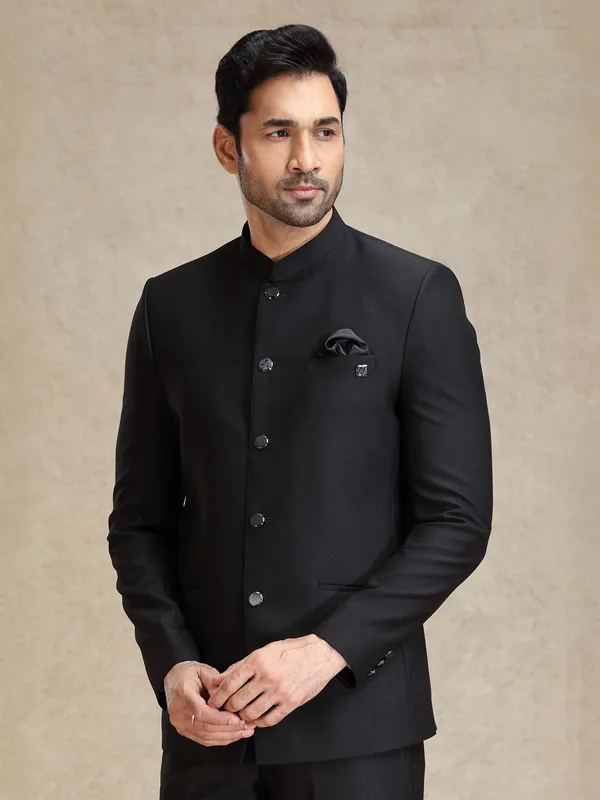 Black terry rayon jodhpuri suit for reception