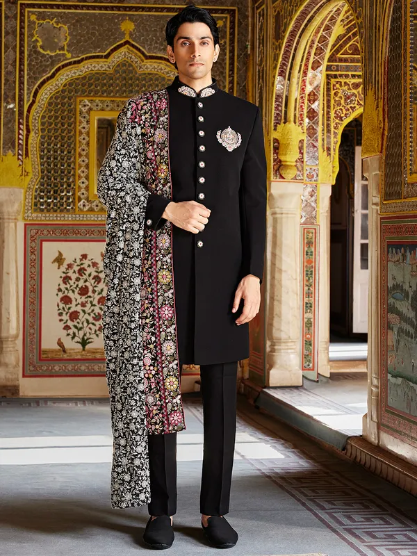 Black terry rayon reception style sherwani
