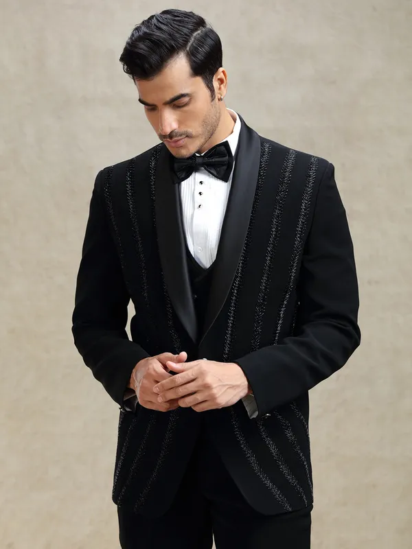 Black terry rayon tuxedo suit in crystal work