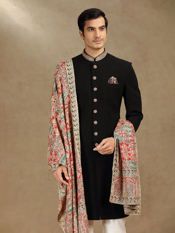 Black terry rayon wedding wear indo western with Dupatta