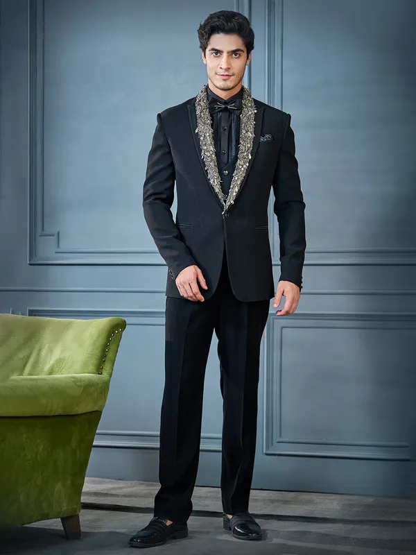 Black terry rayon zari weaved tuxedo suit