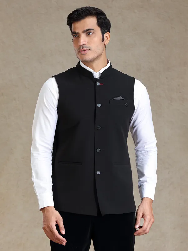 Black textured nehru jacket for men