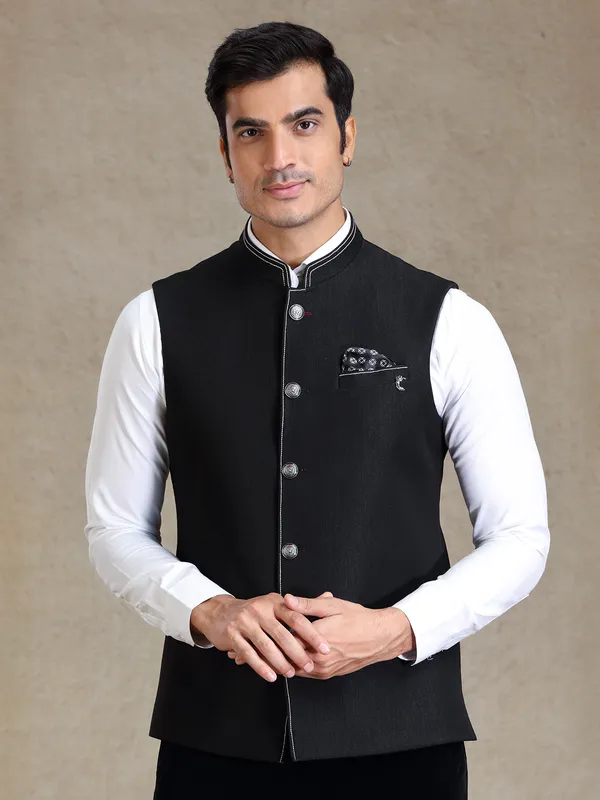 Black textured waistcoat for men