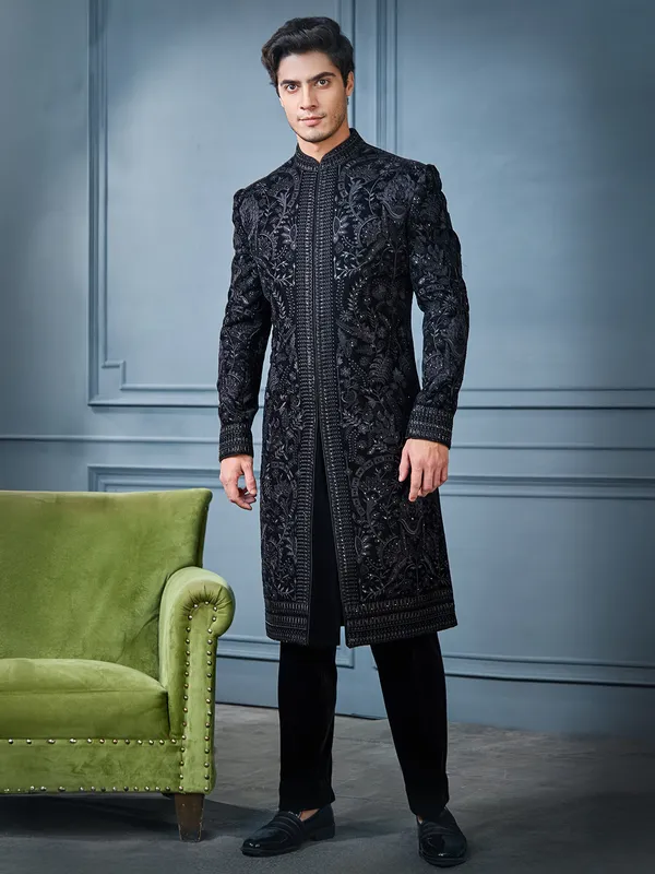 Black velvet long indo western set for reception