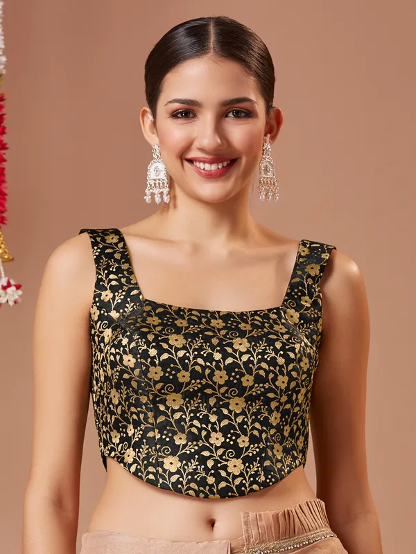 Black zari worked silk ready made blouse