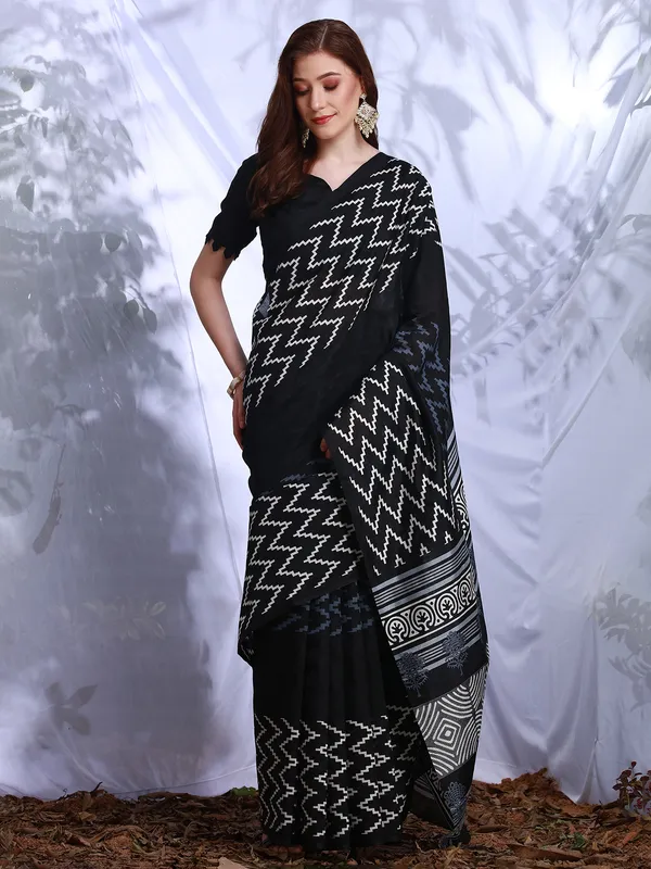 Black zig zag printed bhagalpuri silk saree