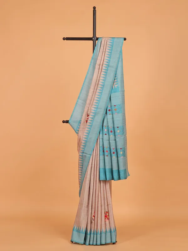 Blue and beige semi tusser silk saree for festive