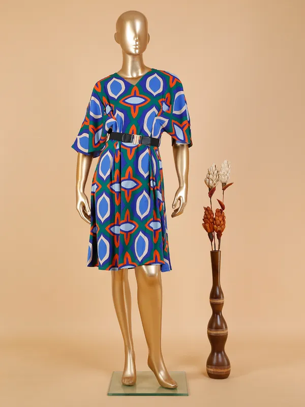 Blue and green printed dress
