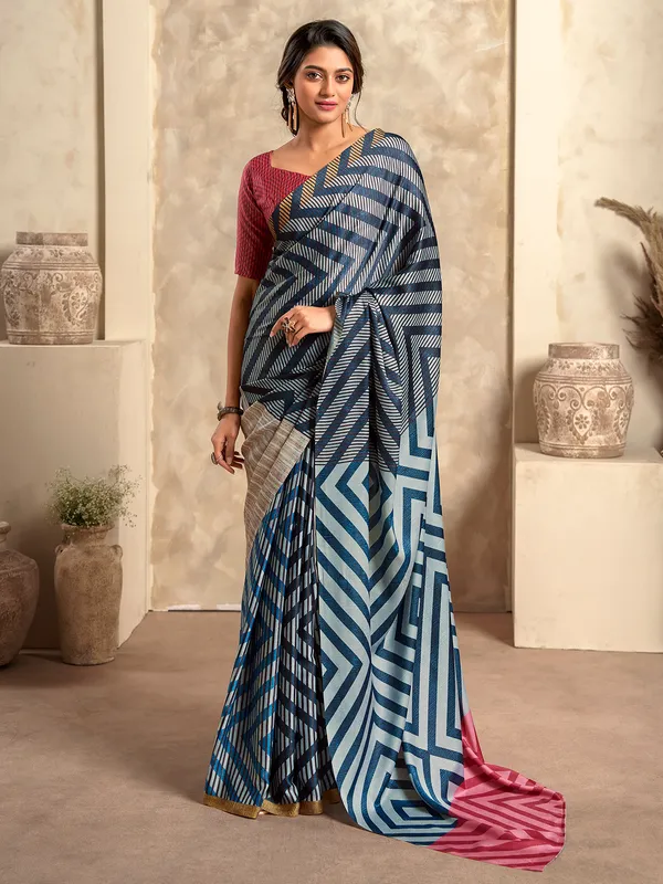 Blue and grey crepe saree for festive