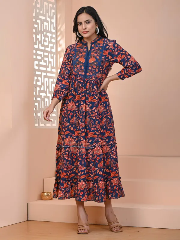 Blue and orange printed long kurti