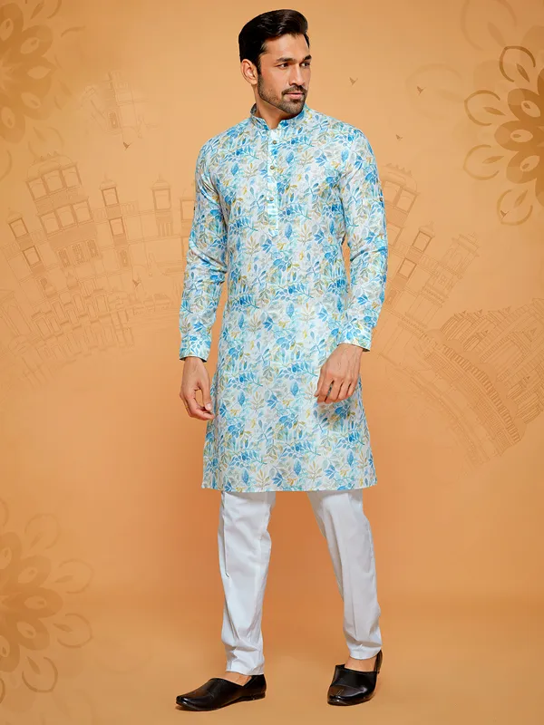 Blue and white cotton kurta suit for men