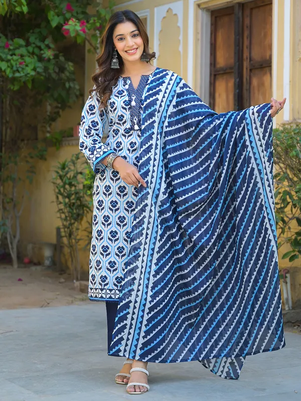 Blue and white cotton kurti set for women