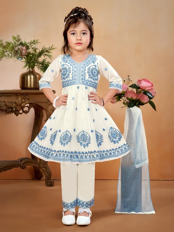 Blue and white cotton silk salwar suit with V neck