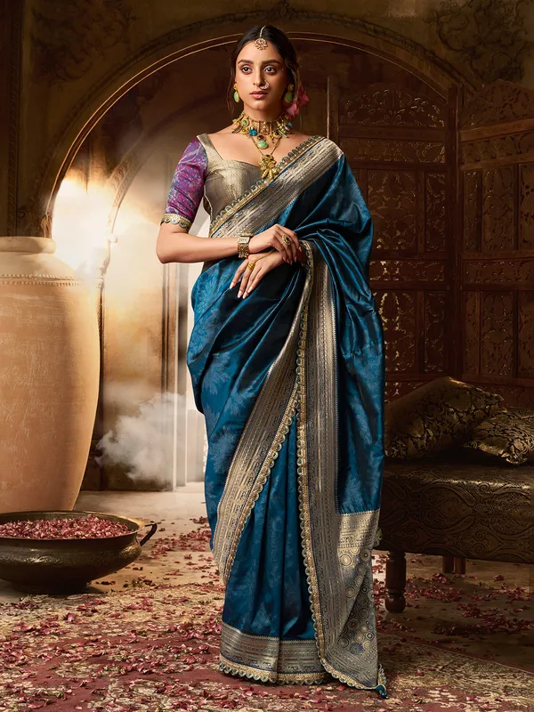 Blue banarasi silk saree for women wedding wear