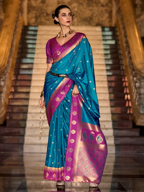 Blue banarasi silk saree with pink dupatta