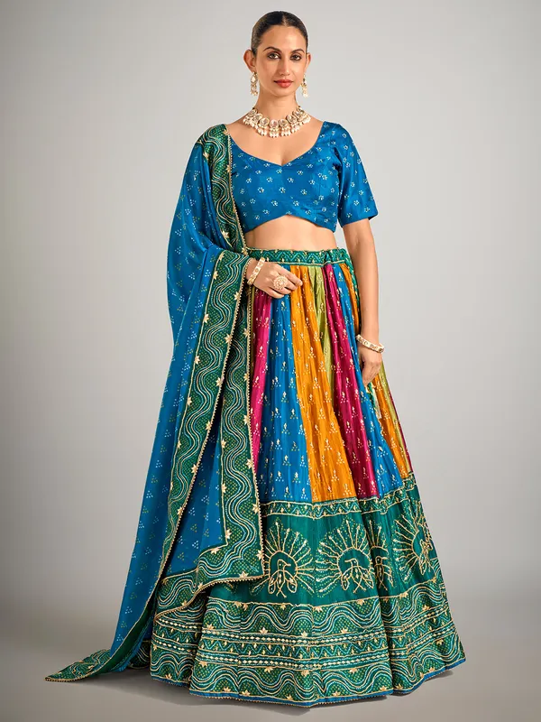 Blue bandhej print silk lehenga choli