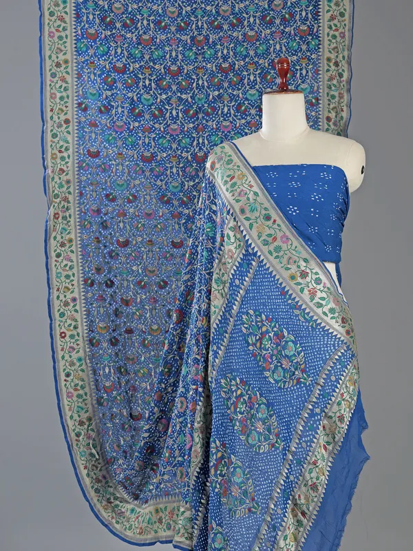 Blue bandhej silk saree with zari weaving