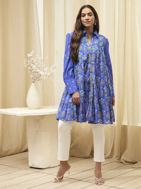 Blue casual printed silk kurti for women