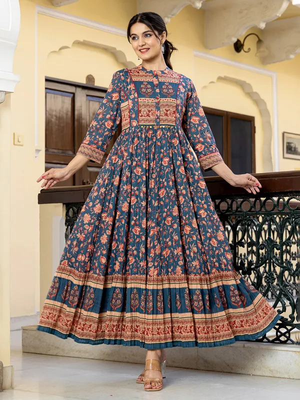 Blue charm stand collar kurti for women
