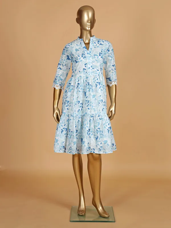 Blue cotton casual printed dress