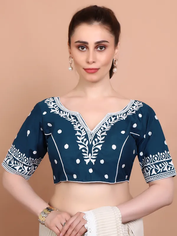 Blue cotton embroidered ready made blouse