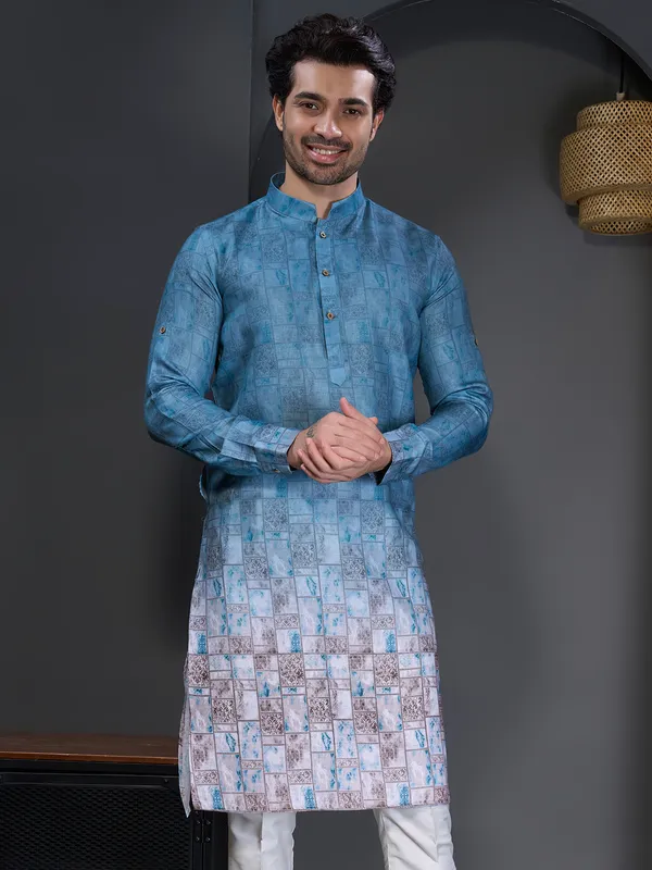 Blue cotton festival wear printed kurta suit