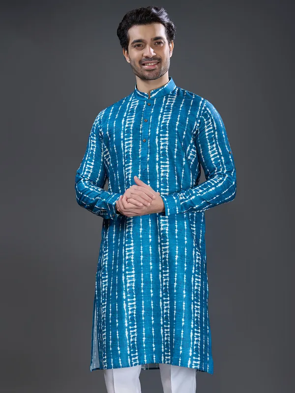 Blue cotton festive wear printed kurta suit for men