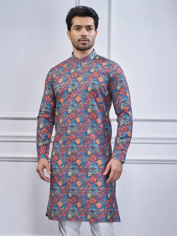 Blue cotton printed kurta suit for mens