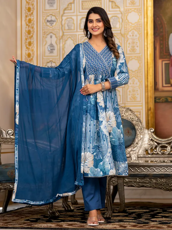 Blue cotton printed kurti set with matching dupatta