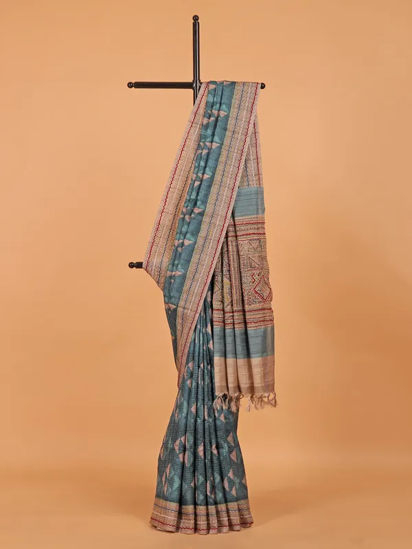 Blue cotton saree for festive with printed