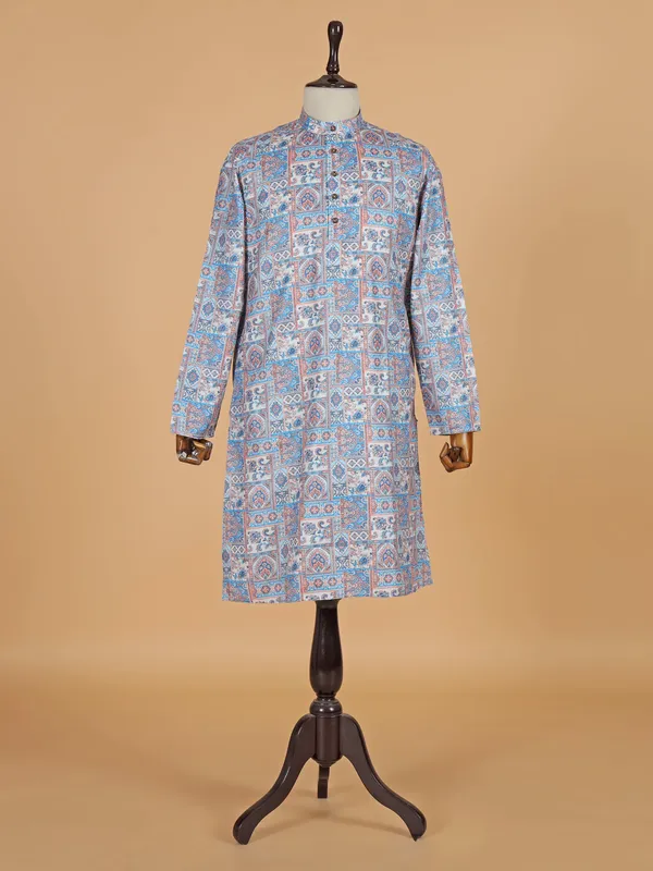 Blue cotton silk kurta set with print