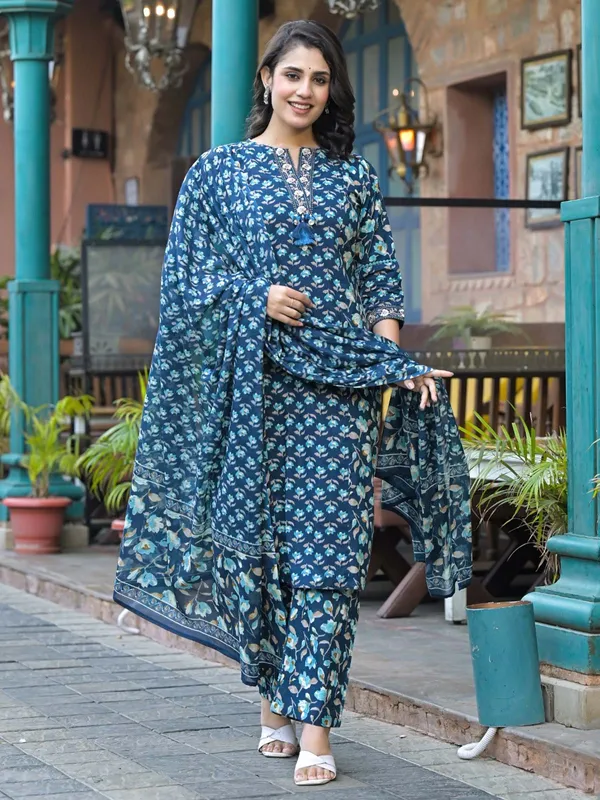 Blue cotton silk kurti set with dupatta