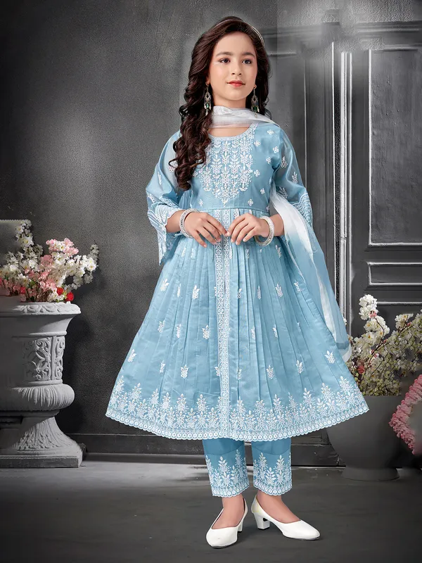 Blue cotton silk salwar suit with pants and dupatta