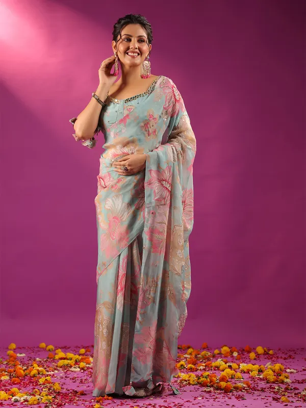 Blue crepe georgette saree with mirror and cutdana